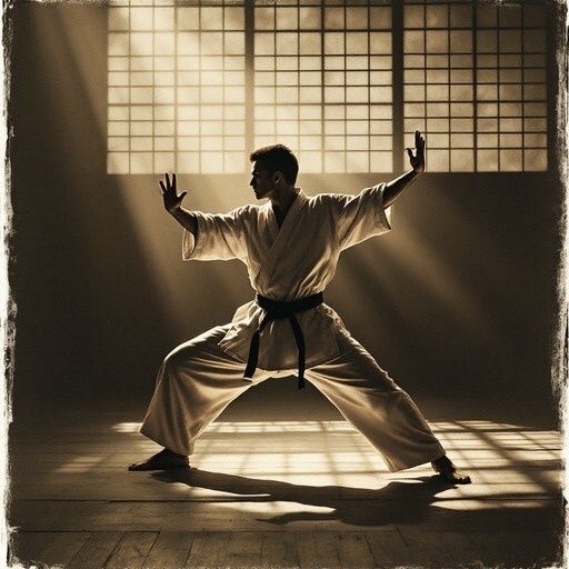 Karateka im weißen Gi führt eine breite Kata-Stellung im Dojo aus